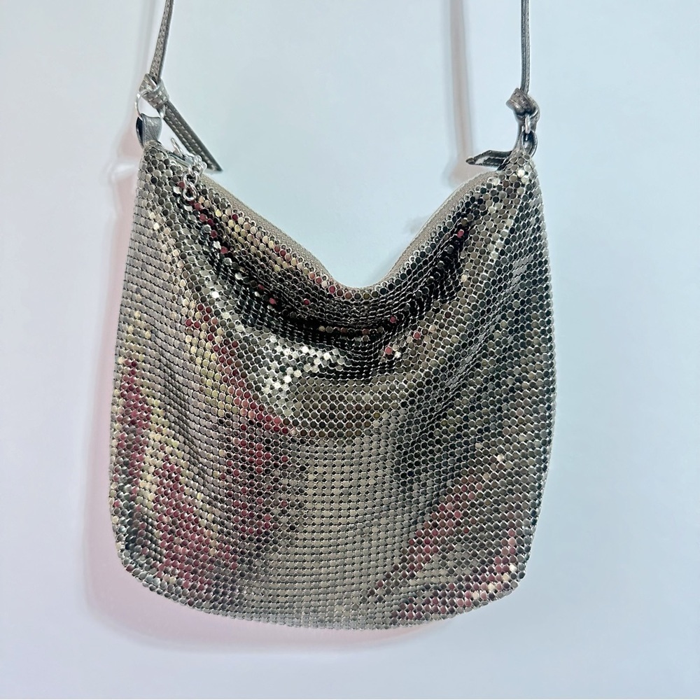 Vintage Whiting & Davis metal mesh gunmetal silver pewter crossbody evening bag